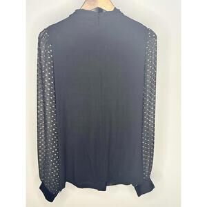 Elie Tahari Black Gold Blouse Metallic Polka Dot Sheer Puff Sleeve Mock Neck L